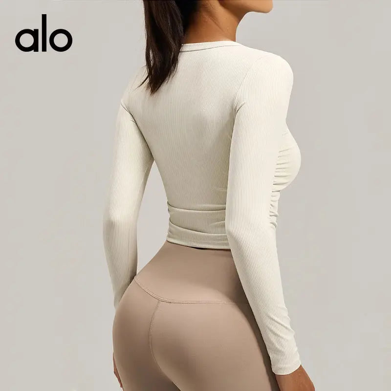 Ensemble Legging Taille Haute & Top Côtelé ALO – Beige & Taupe