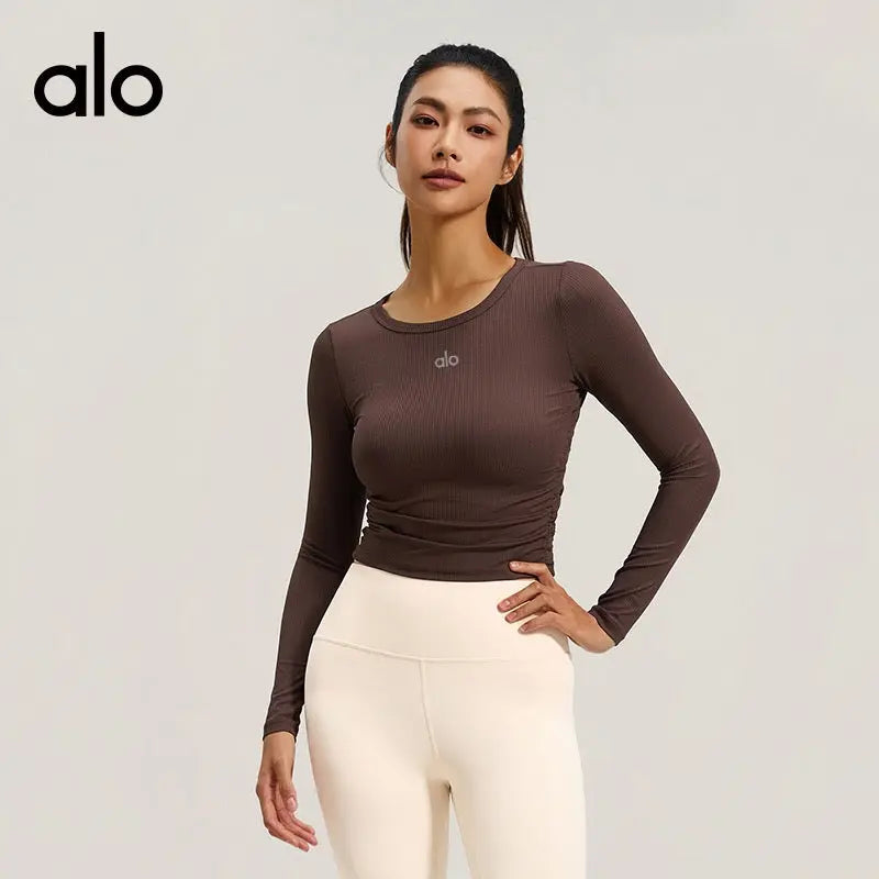 Ensemble Legging Taille Haute & Top Côtelé ALO – Marron & Beige