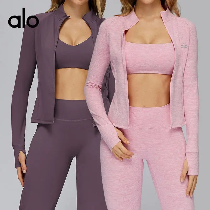 Ensemble 3 Pièces Sport Femme ALO – Legging Taille Haute, Brassière & Veste ALO – Prune