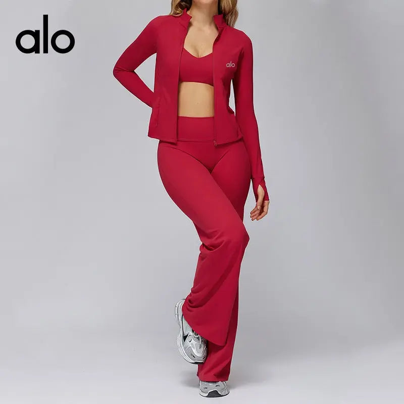Ensemble Sport Femme 3 Pièces ALO – Legging Taille Haute Évasé, Brassière & Veste – Rouge Alo