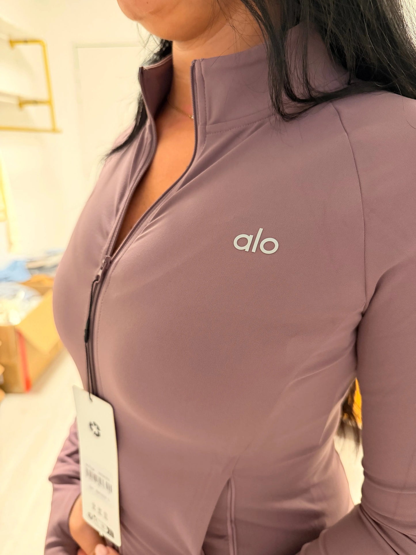 Ensemble 3 Pièces Sport Femme ALO – Legging Taille Haute, Brassière & Veste ALO – Prune