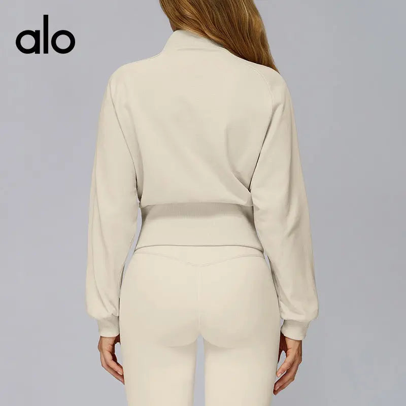 Ensemble 3 Pièces Sport Femme ALO – Legging Taille Haute, Brassière & Veste Zippée ALO – Beige