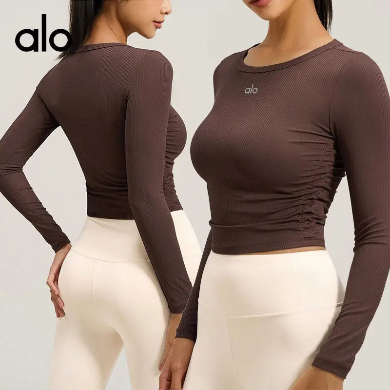 Ensemble Legging Taille Haute & Top Côtelé ALO – Marron & Beige