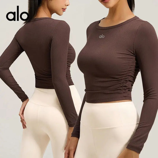 Ensemble Legging Taille Haute & Top Côtelé ALO – Marron & Beige