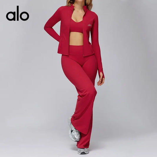 Ensemble Sport Femme 3 Pièces ALO – Legging Taille Haute Évasé, Brassière & Veste – Rouge